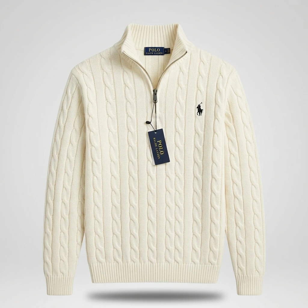 Men's Cream Cable-Knit Quarter-Zip Sweater