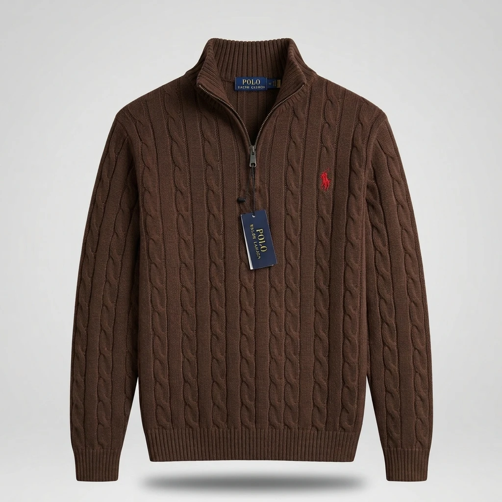 Men's Coffee Brown Cable-Knit Quarter-Zip Sweater